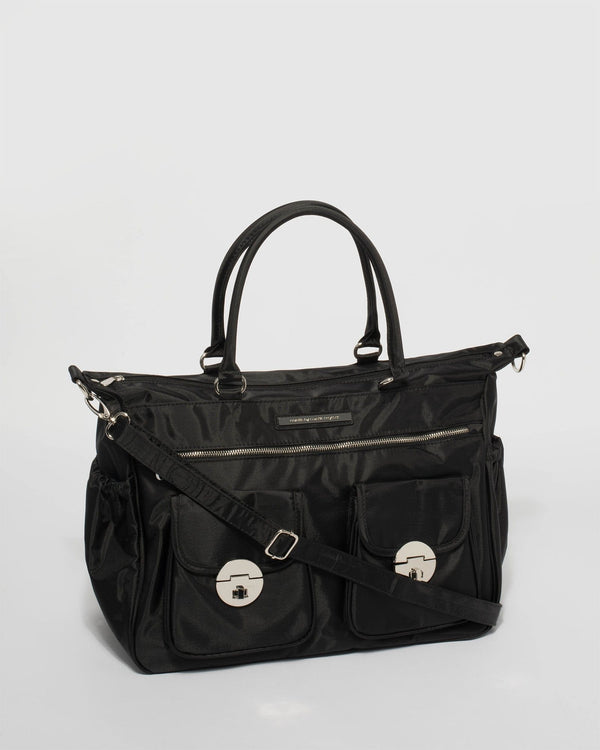 Black Double Pocket Baby Bag With Silver Hardware | Baby Bags