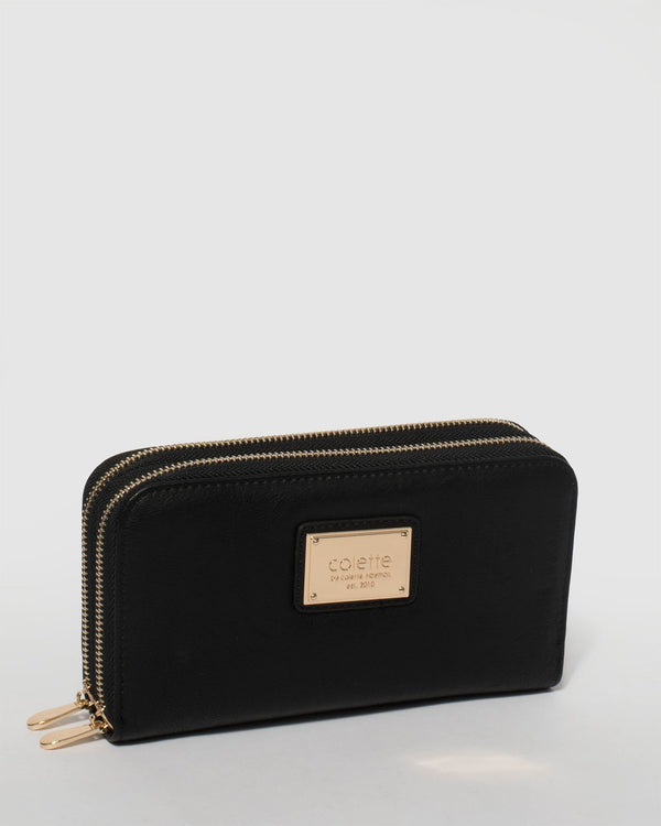Black Double Zip Around Wallet With Gold Hardware | Wallets