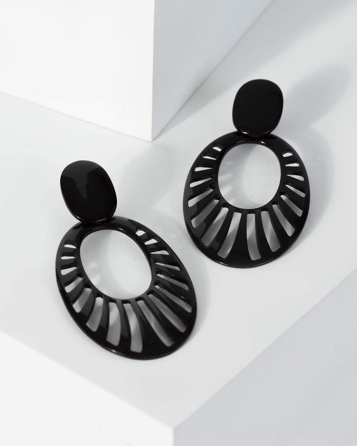 Black Drop Oval Lined Earrings | Earrings