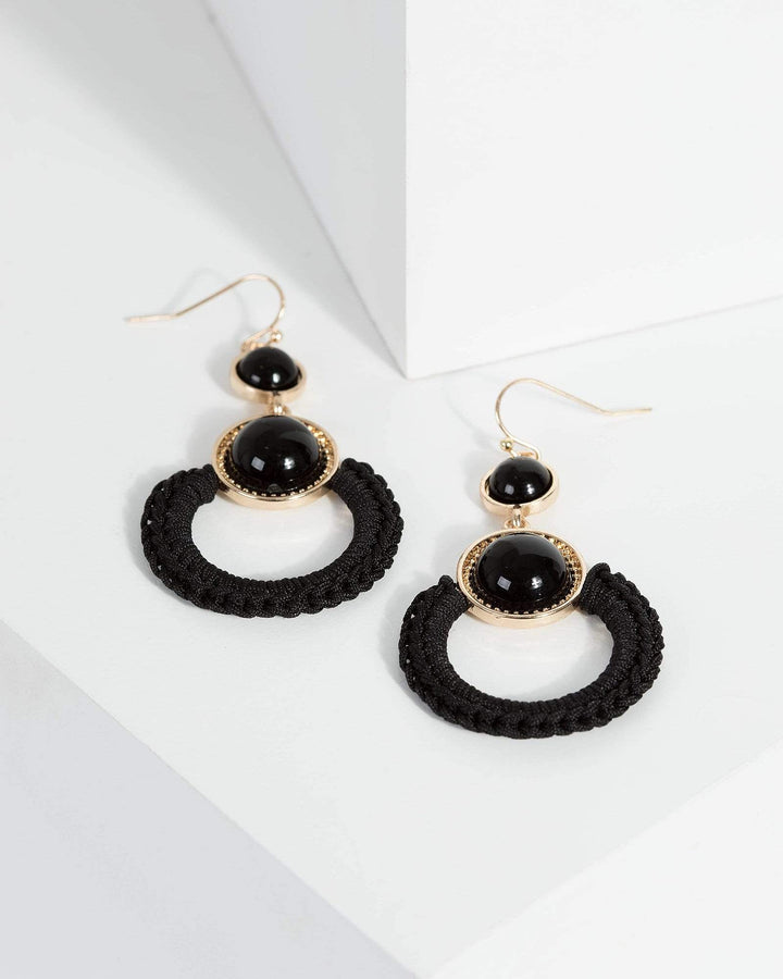 Black Fabric Wrapped Round Drop Earrings | Earrings