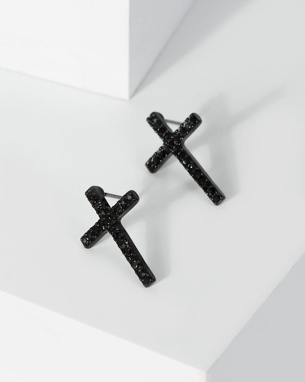 Black Fine Crystal Cross Earrings | Earrings