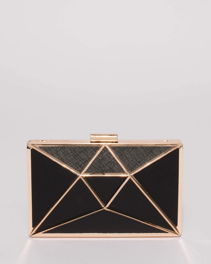Black Geometric Large Clutch Bag With Gold Hardware | Clutch Bags