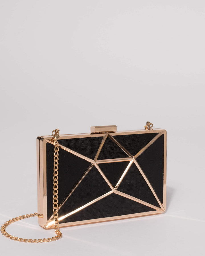 Black Geometric Large Clutch Bag With Gold Hardware | Clutch Bags