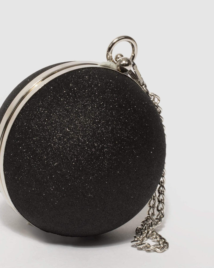 Black Glitter Miley Round Clutch Bag | Clutch Bags