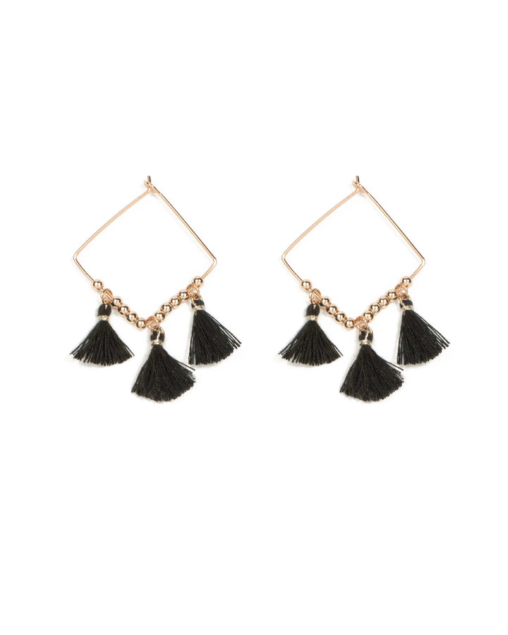 Colette by Colette Hayman Black Gold Hardware Square Hoop Mini Tassel Earrings
