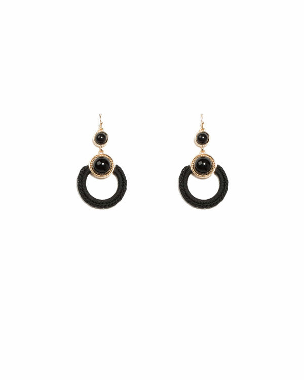 Colette by Colette Hayman Black Gold Tone Fabric Wrapped Round Stone Drop Earrings