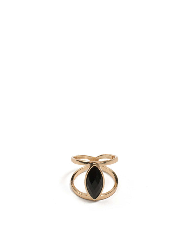 Colette by Colette Hayman Black Gold Tone Marquise Stone Double Row Ring - Medium