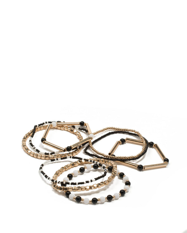 Colette by Colette Hayman Black Gold Tone Mixed Bead Multi Stretch Bracelet Pack