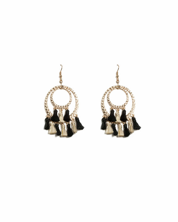 Colette by Colette Hayman Black Gold Tone Multi Tassel Hammered Circle Earrings