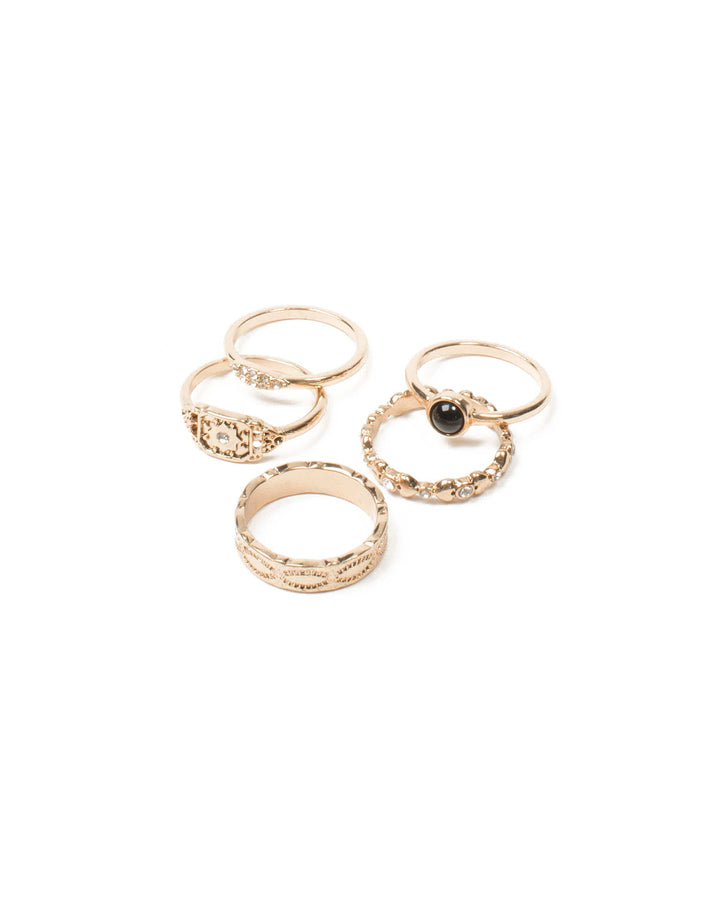 Colette by Colette Hayman Black Gold Tone Patterned Diamante Stone Ring Pack - Large