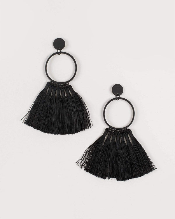 Black Hoop with Tassel Drop Earrings | Earrings