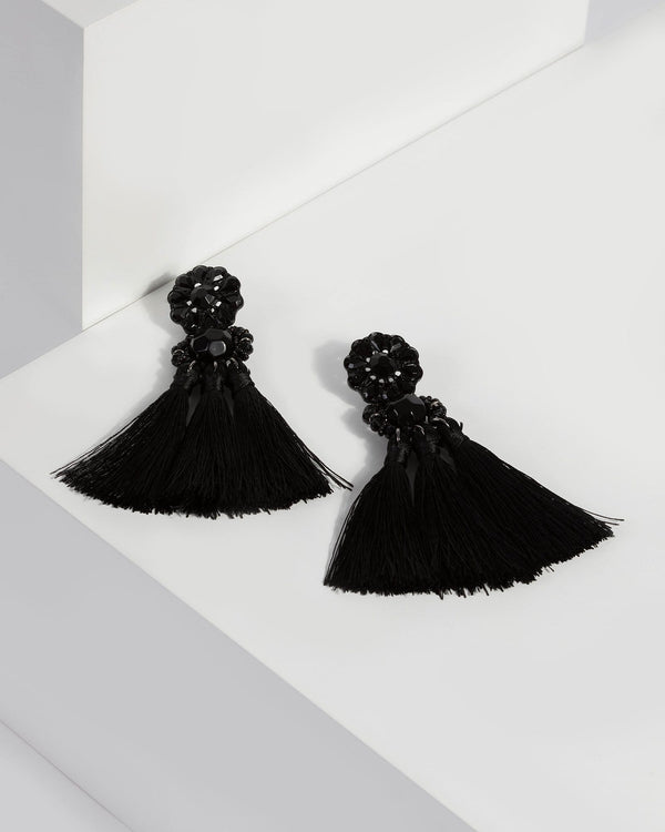 Black Jeweled Tassel Drop Earrings | Earrings