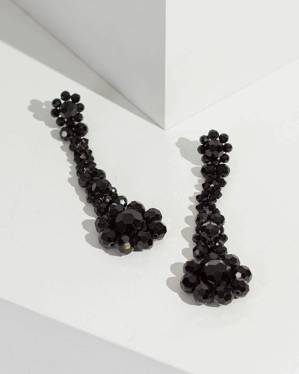 Black Long Beaded Crystal Drop Earrings | Earrings