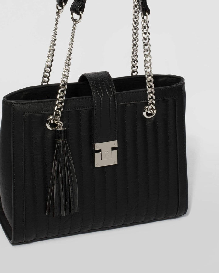 Black Megan Stripe Quilt Tote Bag | Tote Bags