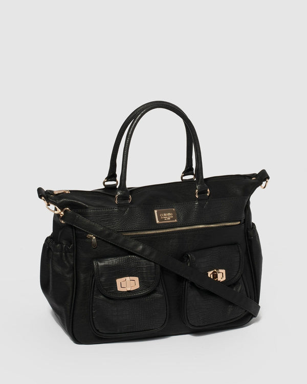 Black Multi Textured Double Pocket Baby Bag With Gold Hardware | Baby Bags