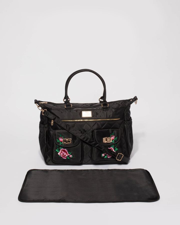 Colette by Colette Hayman Black Nylon Flower Quilted Baby Bag With Gold Hardware