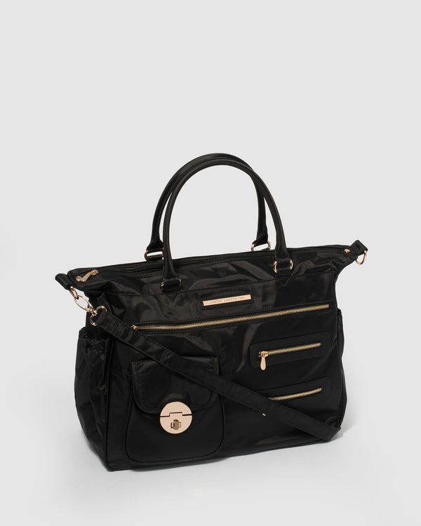 Black Nylon Pocket And Zip Baby Bag With Gold Hardware | Baby Bags