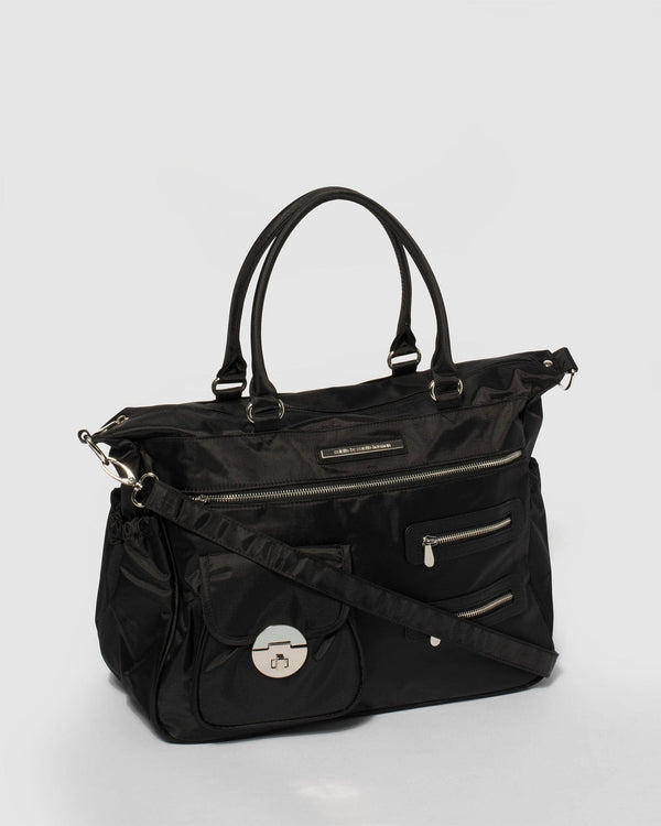 Black Pocket And Zip Baby Bag With Silver Hardware | Baby Bags