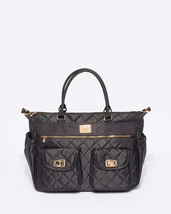 Black Quilted Baby Bag With Gold Hardware | Baby Bags