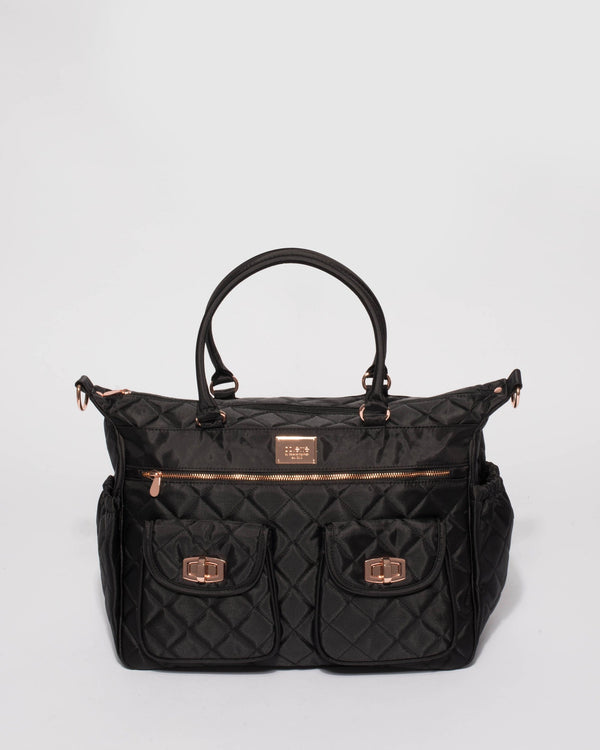 Black Quilted Travel Baby Bag With Rose Gold Hardware | Baby Bags