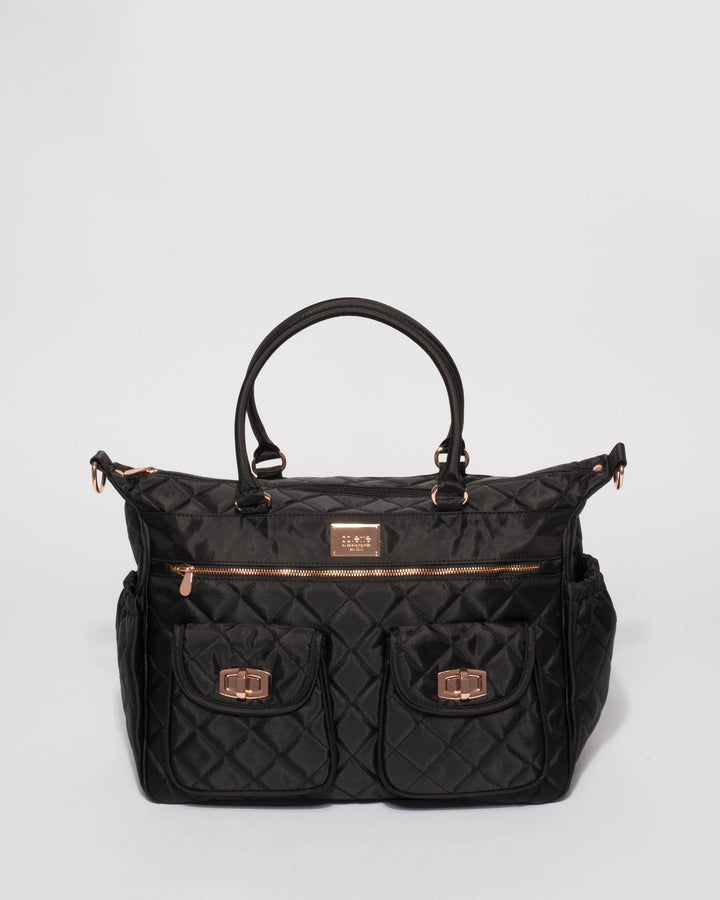 Colette by Colette Hayman Black Quilted Travel Baby Bag With Rose Gold Hardware