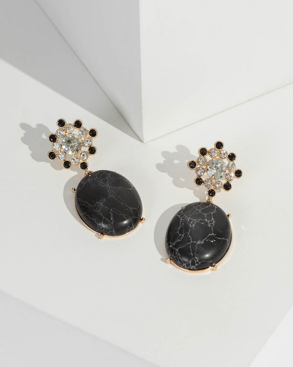 Black Round Geometric Stone Drop Earrings | Earrings