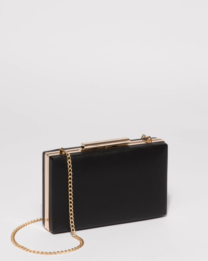Black Saffiano Jaimi Clutch Bag With Gold Hardware | Clutch Bags