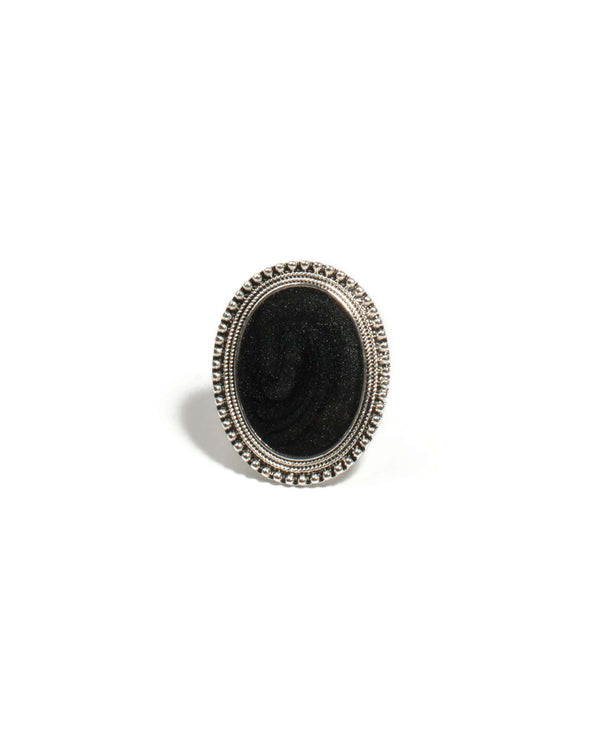 Colette by Colette Hayman Black Silver Tone Oval Stone Cocktail Ring - Medium