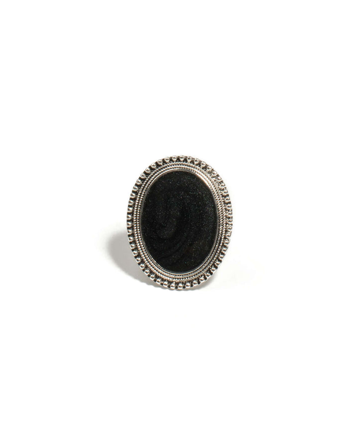 Colette by Colette Hayman Black Silver Tone Oval Stone Cocktail Ring - Small