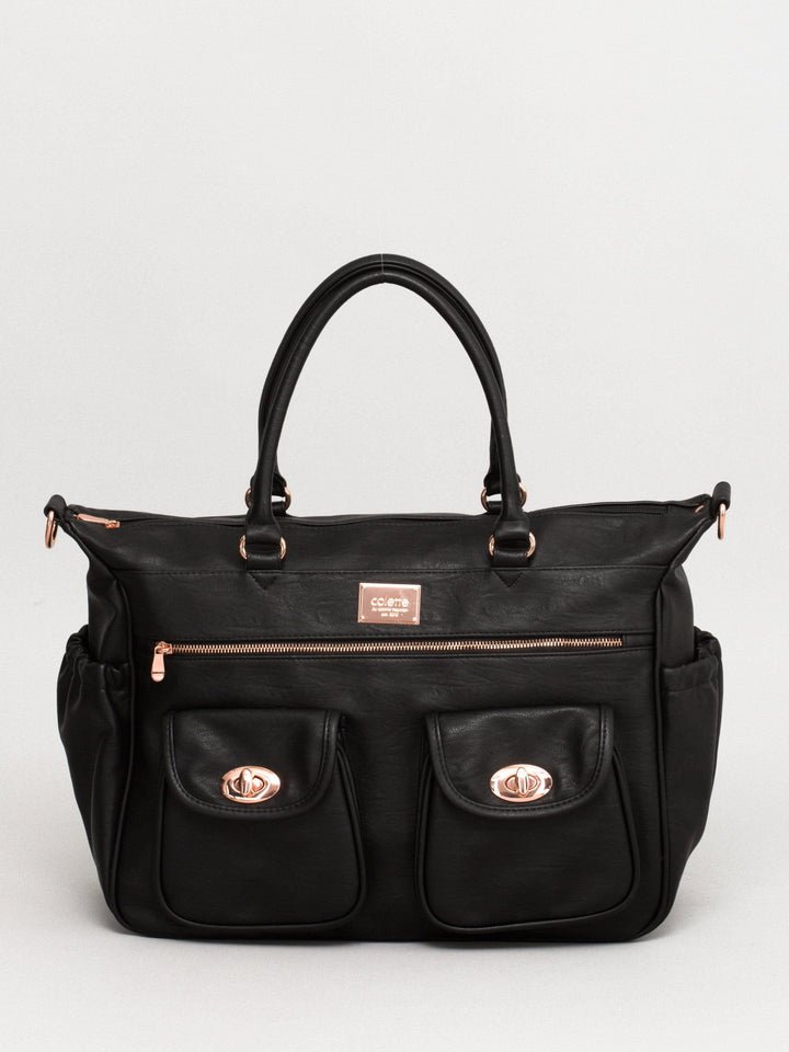 Black Smooth Baby Travel Bag With Rose Gold Hardware | Baby Bags