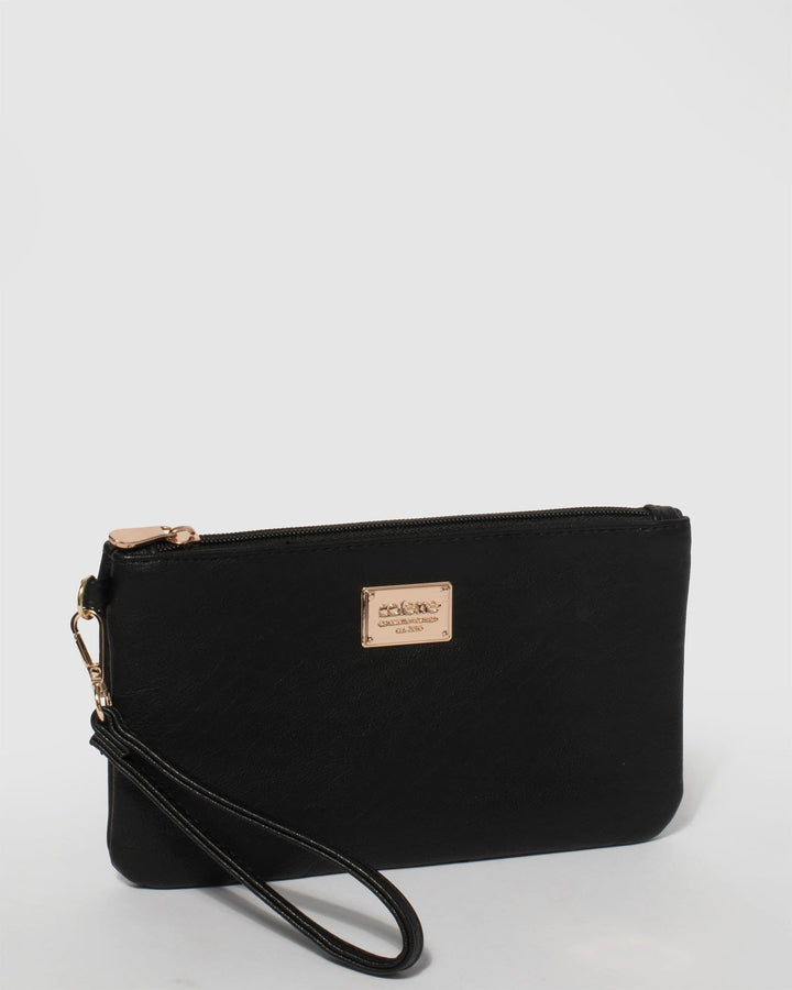 Black Smooth Brooke Wristlet Purse With Gold Hardware | Purses