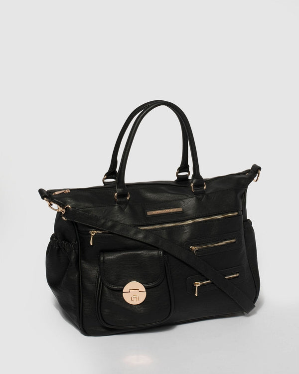 Black Smooth Pocket And Zip Baby Bag With Gold Hardware | Baby Bags