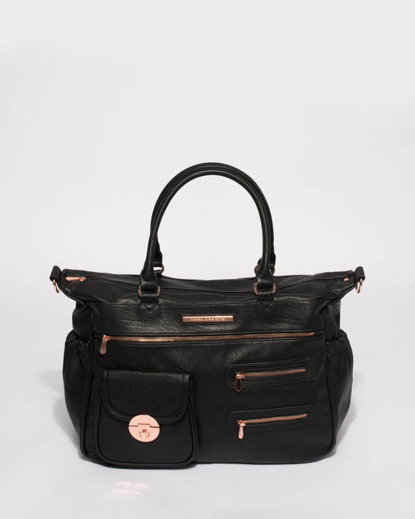 Black Smooth Pocket And Zip Baby Bag With Rose Gold Hardware | Baby Bags