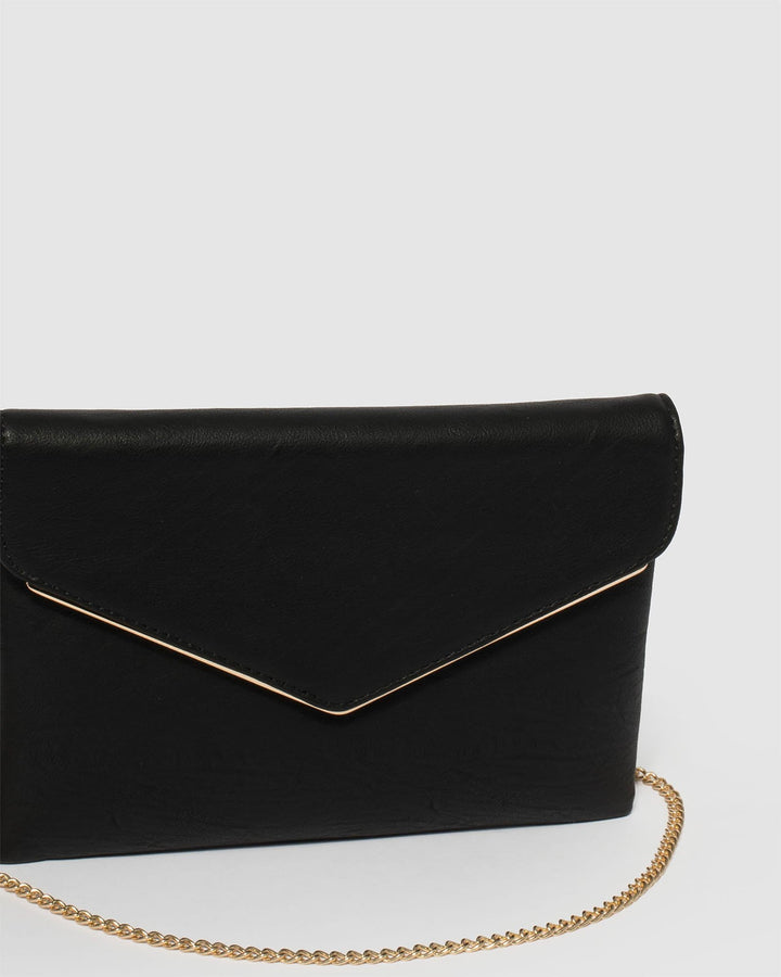 Black Smooth Samantha Clutch Bag With Gold Hardware | Clutch Bags