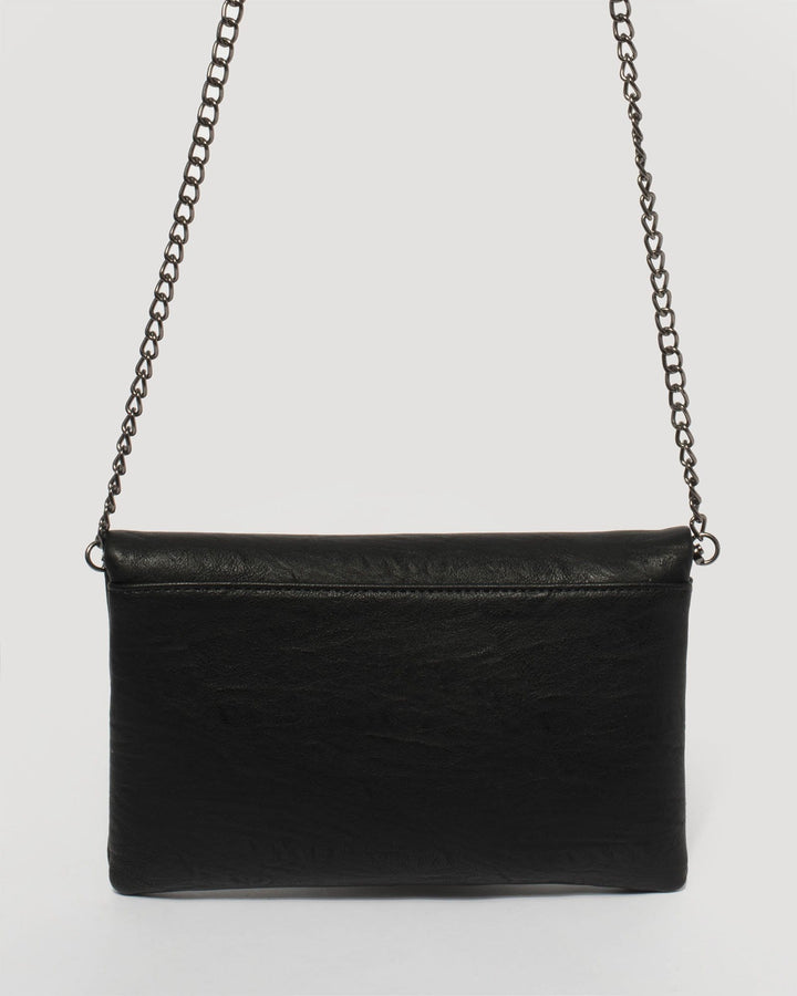 Black Smooth Zoe Foldover Clutch Bag With Gunmetal Hardware | Clutch Bags
