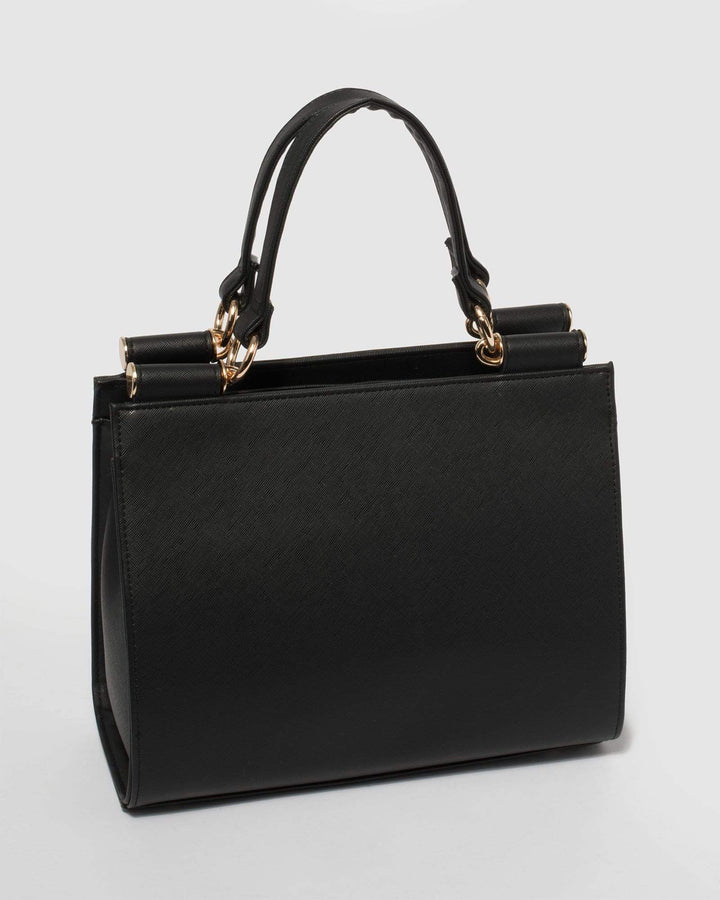 Black Stephanie Square Tote Bag With Gold Hardware | Tote Bags