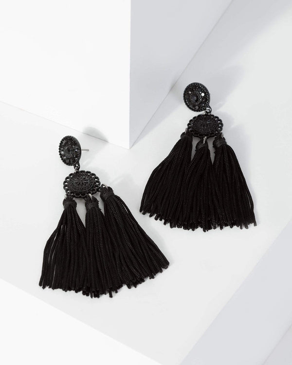 Black Tassel Crystal Drop Earrings | Earrings