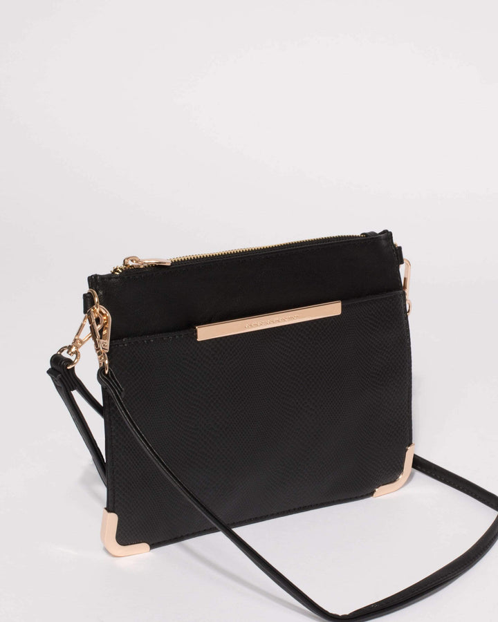 Black Textured Front Pocket Crossbody Bag | Crossbody Bags
