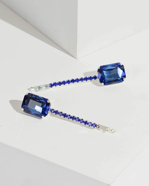 Blue 2 Pack Large And Small Crystal Hair Slides | Hair Accessories