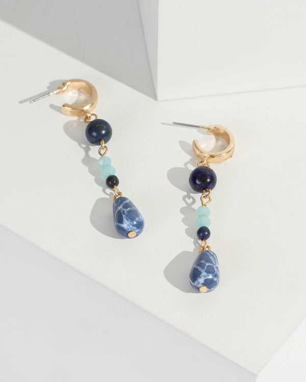 Blue Beaded Drop Huggie Earrings | Earrings