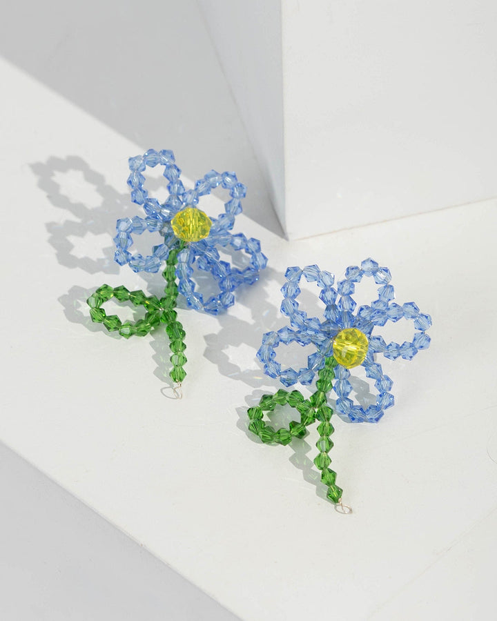 Blue Beaded Flower Statement Stud Earrings | Earrings