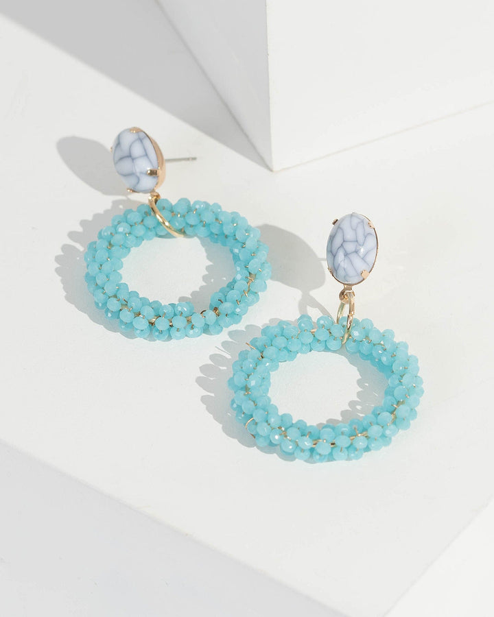 Blue Beaded Hoop And Stone Earrings | Earrings