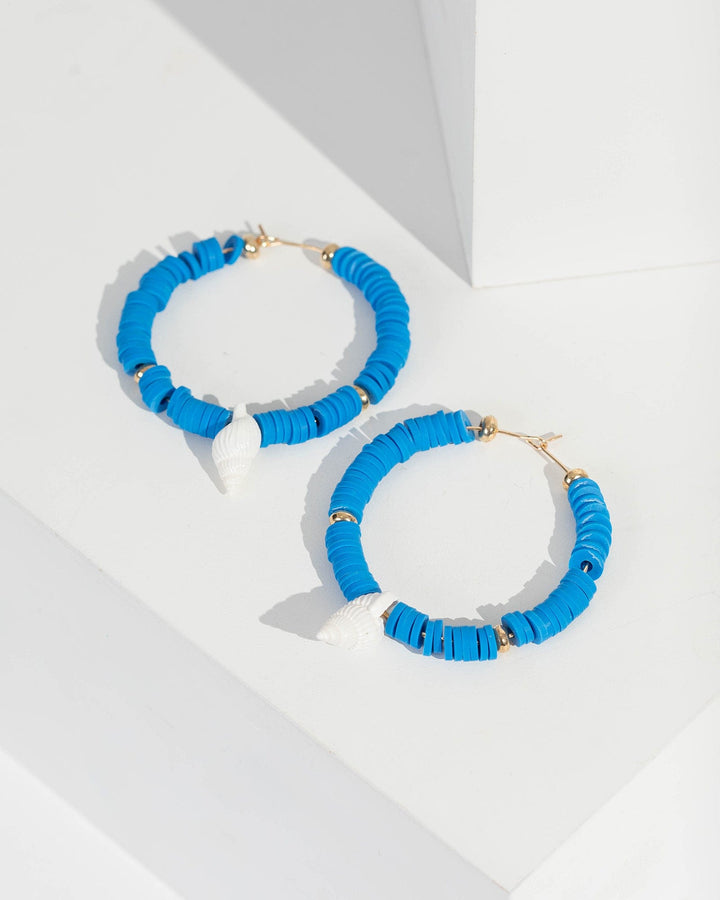 Blue Beaded Shell Pendant Hoop Earrings | Earrings