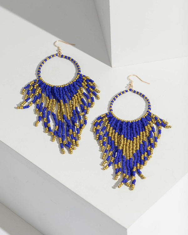 Blue Beaded Tassel Drop Earrings | Earrings