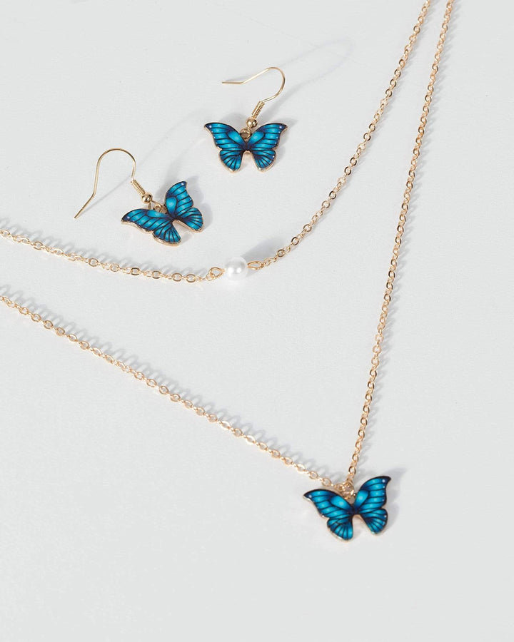 Blue Coloured Butterfly Earring Necklace Set | Necklaces