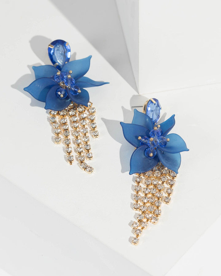 Blue Crystal And Flower Drop Earrings | Earrings