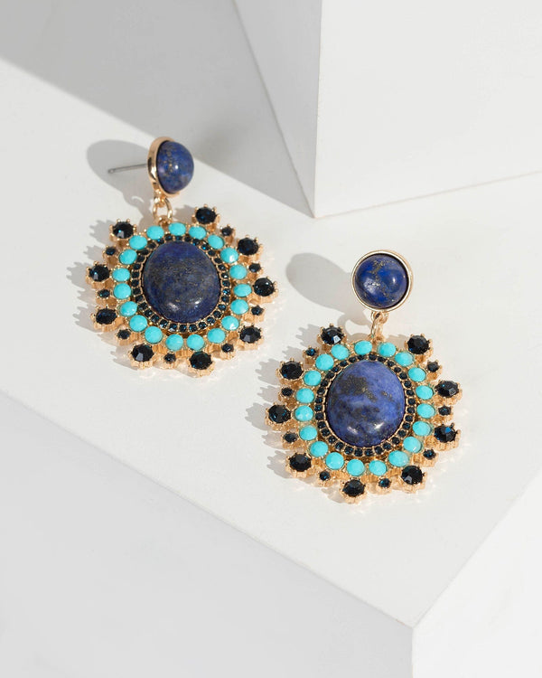 Blue Crystal Framed Stone Drop Earrings | Earrings