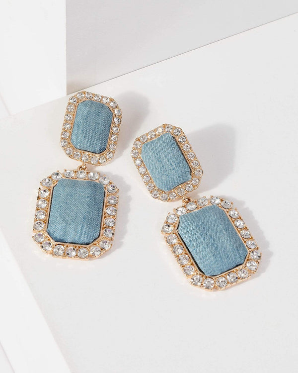 Blue Denim Covered Crystal Earrings | Earrings