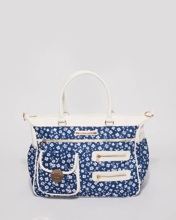 Blue Floral Pocket And Zip Baby Bag | Baby Bags