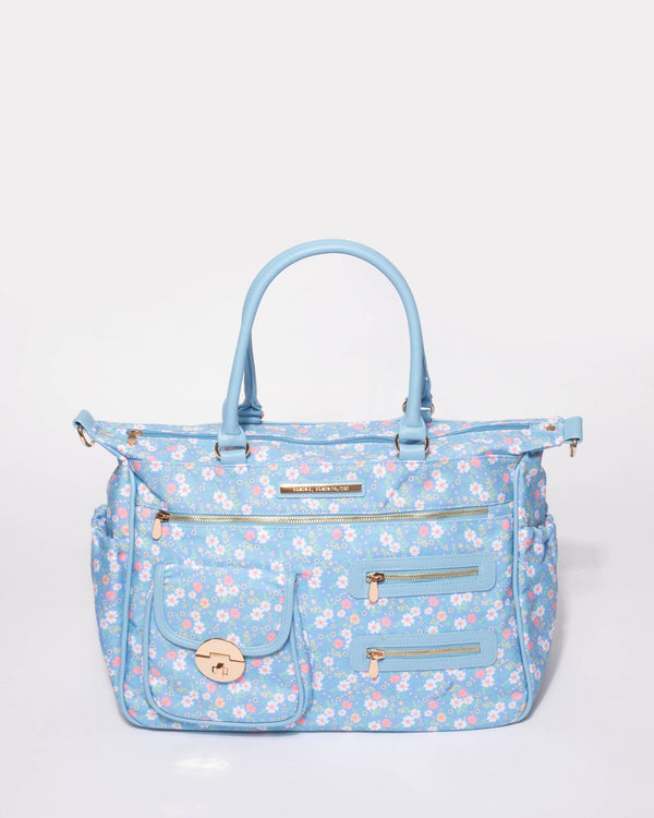 Blue Floral Print Pocket And Zip Baby Bag | Baby Bags